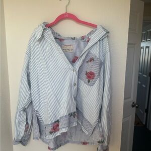 We The Free Blue and White Striped Shirt with Floral Design